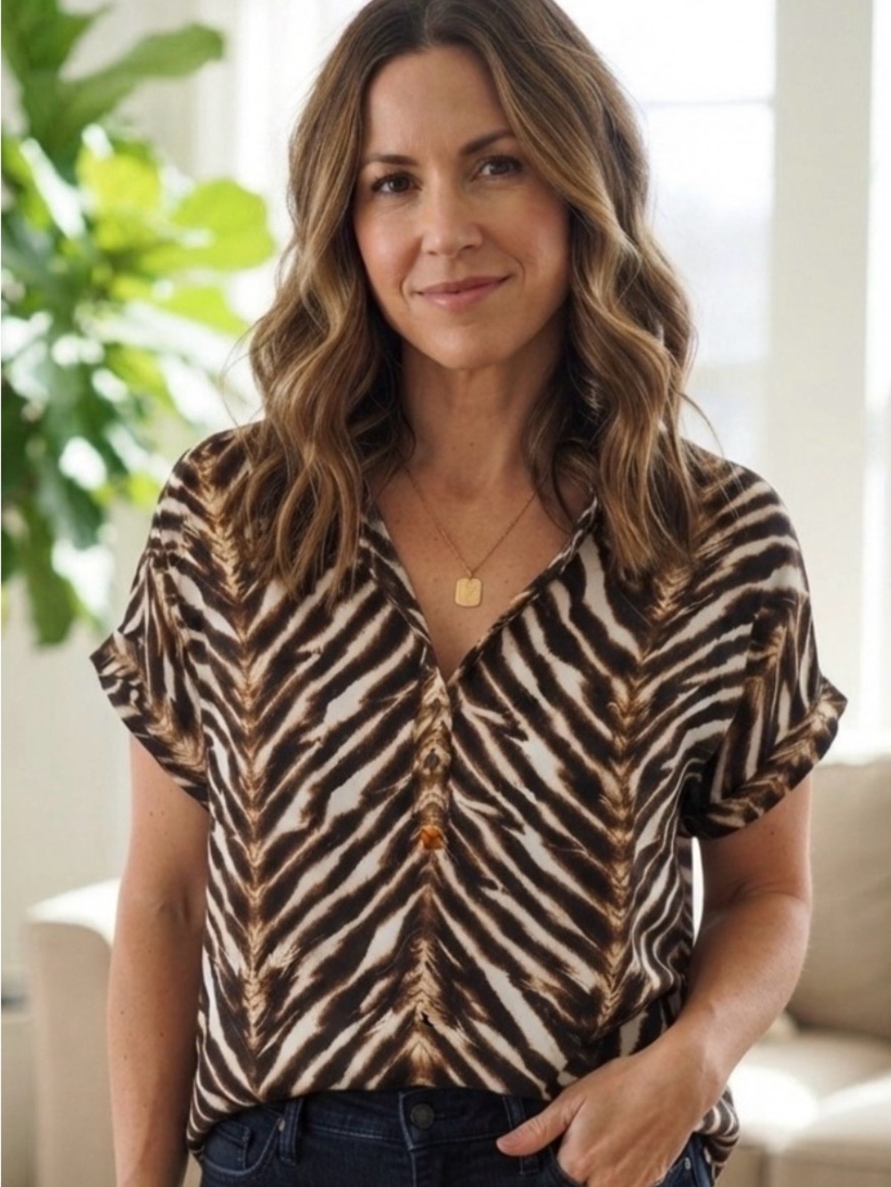 Calvin Klein Brown & White Zebra Print Button-Down Top